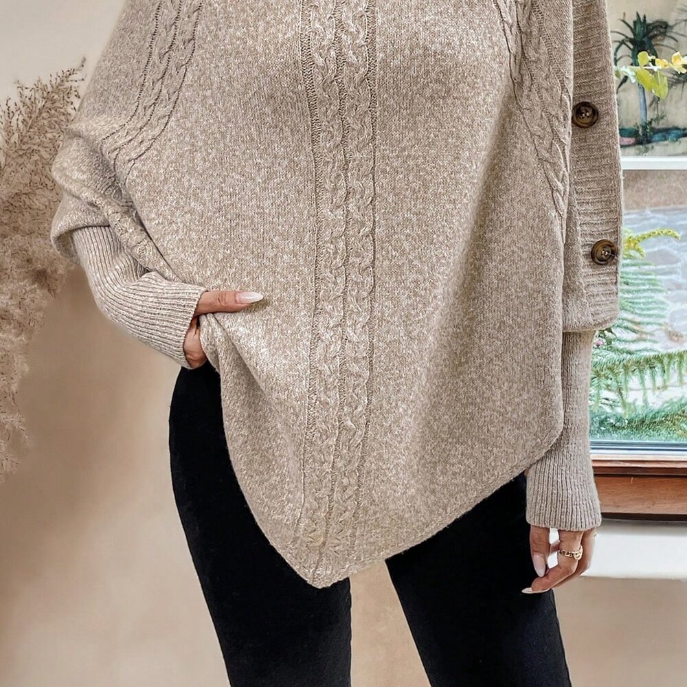 Apricot Casual Women's Turtleneck Batwing Sleeve Button Detail Cable Knit Poncho - Picture 6 of 7